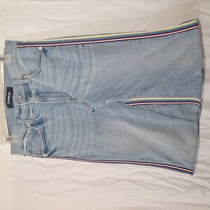 Express Light Blue Denim Midi Skirt, Pencil, Distressed, Colorful Side Stripes,8